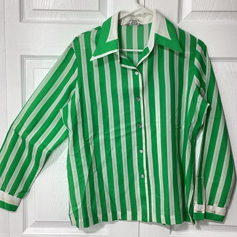 Vintage Alex Colman Button Down Shirt Size L Green White Stripe Long Sleeve